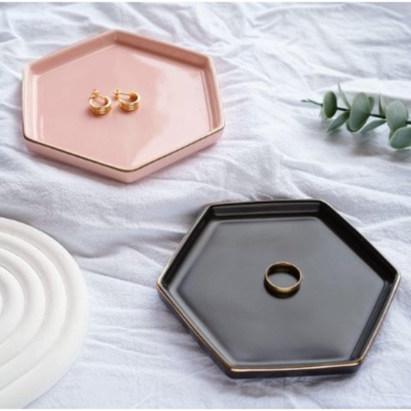 Hexagonal Ceramic Jewelry Tray - Small Rings & Earrings Dish - Key Tray (Black) - Picture 5 of 5